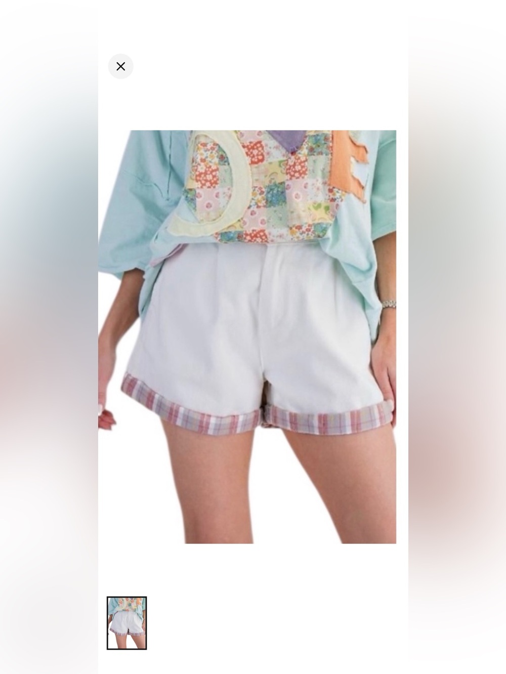 Cream-colored Denim Women's Rolled-Hem Shorts with Pastel Plaid Trim_NWT_Size M